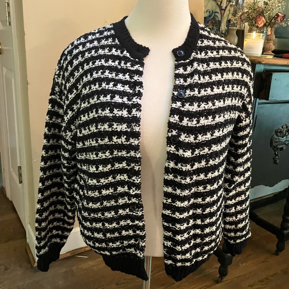 Black & White Textured Knit Cardigan Sweater